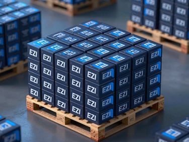 Isometric view of neatly stacked EZI product boxes on a pallet in a modern, clean industrial warehouse, blue accent lighting, shallow depth of field.