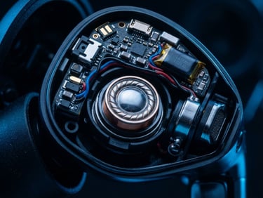 Close-up macro shot of the intricate internal components of a high-performance wireless earbud, showcasing precision engineering, dramatic blue rim lighting, dark reflective surface.