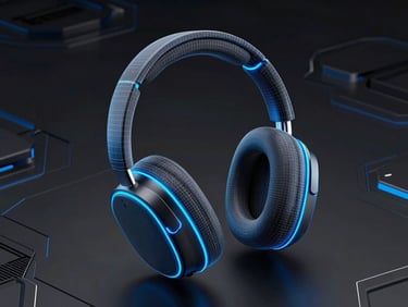 Clean, isometric render of a customizable headphone prototype, wireframe overlay, dark technical background, electric blue highlights.