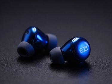 Macro shot of EZI Wireless Bluetooth Earbuds, ergonomic design, dark reflective surface, electric blue accents, sharp metallic reflections.