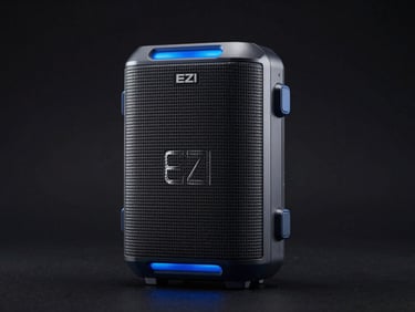 Front-facing elevation of EZI Compact Portable Speaker, rugged design, dark reflective surface, electric blue light accents.