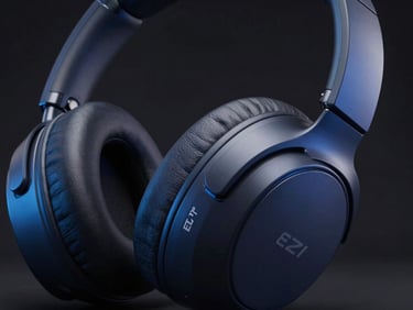 Close-up of EZI Pro Noise-Cancelling Headphones, sleek design, dark reflective surface, electric blue accents, dramatic studio lighting.