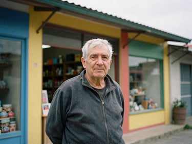 Candid medium portrait of an elderly shop owner standing outside a colorful storefront, natural overcast daylight, documentary style
