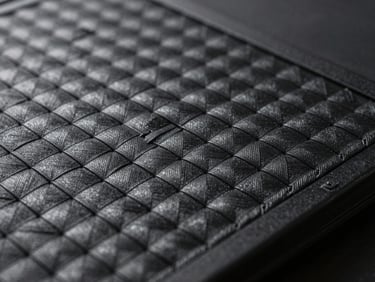 Close-up of a certified ballistic plate weave, matte black textured surface, sharp directional side lighting highlighting the technical fibers, clean dark background, military specification aesthetic.