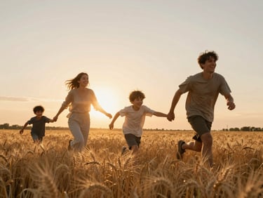 Cinematic wide shot of a young family running through a golden wheat field at sunset, warm lens flare, low-angle sun, authentic laughter.
