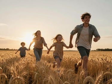 Cinematic wide shot of a young family running through a golden wheat field at sunset, warm lens flare, low-angle sun, authentic laughter, candid motion.
