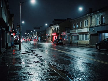 Gritty wide-angle shot of an empty wet city street at night, cold blue tones, harsh artificial streetlights.