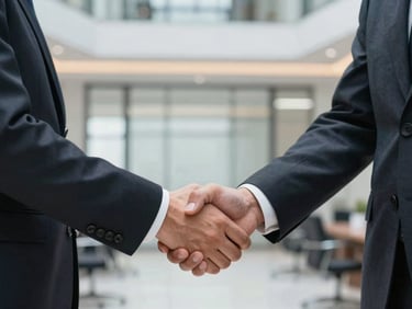 Close-up of professional handshake in a high-end corporate office, sharp lighting, dark charcoal suits, authoritative framing
