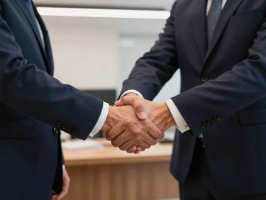 Manos de profesionales en un apretón de manos firme y respetuoso, detalle de los trajes y las mangas, luz de oficina cálida, enfoque en la confianza y el acuerdo.