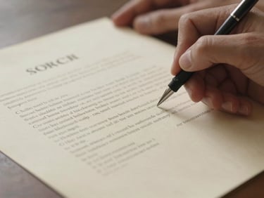 Wide macro shot of hands signing a physical contract on textured cream paper, soft side-lighting, shallow depth of field.