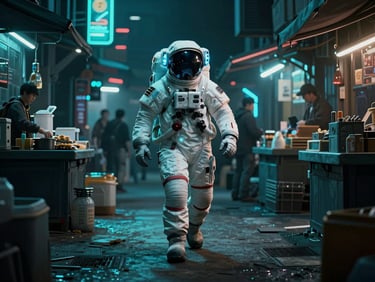 Cinematic digital art of a lone astronaut walking through a neon-lit cyberpunk bazaar, dramatic high-contrast electric teal edge lights, deep shadows, 16:9 aspect ratio