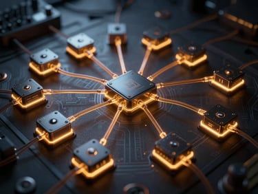 A complex node-based digital workflow diagram on a dark interface, glowing cybernetic amber wires connecting video generation blocks, ultra-detailed macro shot, 16:9 aspect ratio