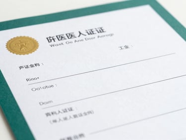 Precise close-up of a pristine medical certification document with a gold seal, clean high-key lighting, deep emerald accents.