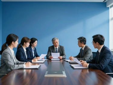 Wide environmental shot of corporate decision-makers in a polished boardroom reviewing legal frameworks, deep blue tones, crisp daylight.