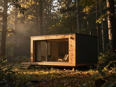 Minimalist sunlit retreat cabin nestled in dense forest, warm golden hour light, soft morning mist, 35mm editorial photography.