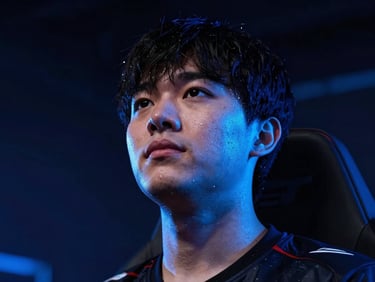 Low-angle heroic portrait of esports player with neon blue rim lighting, dark background, cinematic gaming atmosphere