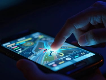 Macro close-up shot of fingers on a glowing mobile phone screen, intense action gameplay, cinematic esports lighting, electric blue and deep shadows.