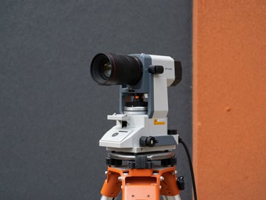 Licensed land surveyor operating dual-frequency GNSS equipment in crisp daylight, high-contrast slate and orange tones, sharp focus, architectural lens.