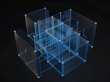 Abstract geometric composition of interlocking wireframes and sharp blue lines on a dark background, representing clean code structure, high-contrast, modern technical aesthetic.