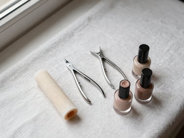 Overhead flat-lay of manicure tools — a buffer, cuticle pusher, and small bottles of neutral polish arranged on a warm white linen surface, natural window light, minimal and precise