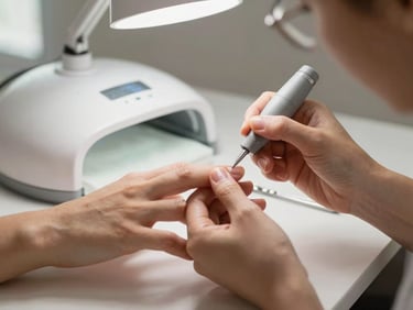Close-up of a technician's hands applying gel top coat to a client's nails under a UV lamp, natural window light from the side, warm neutral tones, tools on a clean surface