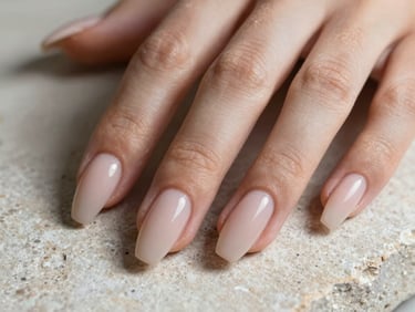 Extreme close-up of finished acrylic nails — neutral almond shape resting on a pale stone surface, natural side light, clean edges, no colour embellishment