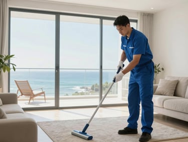Professional cleaner dusting a bright coastal living room, natural light, clean interior