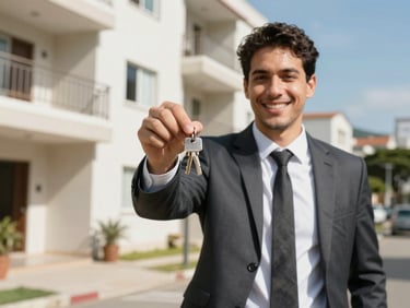 A friendly local property agent holding keys outside a sunny apartment in Cabo Frio