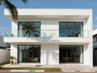 Bright natural daylight photo of a modern coastal Brazilian house facade, white walls, clean glass windows, palm tree shadow on the wall, wide angle.