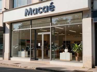 Clean modern commercial storefront in Macaé, large glass windows, street level view, bright daylight.