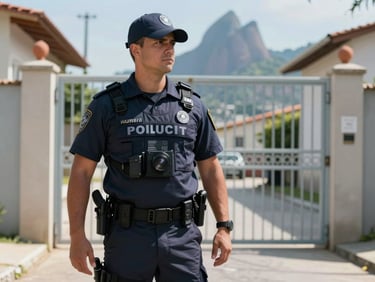 Professional security guard standing near a residential gate in Rio das Ostras, bright daylight