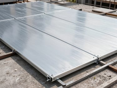 Aluminum and steel formwork panels assembled flat on a construction site floor, ready for a slab pour, overhead daylight, panel edges and connection clips in sharp focus