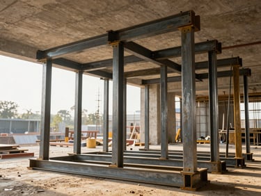 Metal props and steel beams arranged in a construction site interior, concrete ceiling above, props fully extended under load, golden daylight entering from side opening