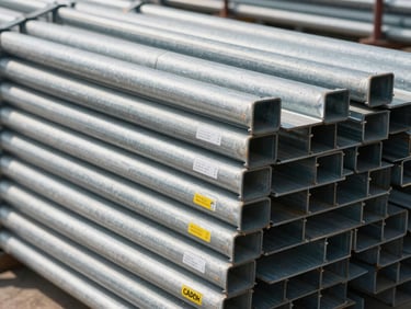 Close-up of tubular steel scaffolding frames stacked and ready for dispatch in a yard, daylight overhead, load capacity tags visible on horizontal ledgers, industrial setting