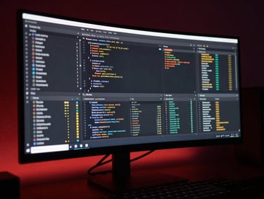 Sleek modern developer workstation, ultra-wide monitor displaying complex code and data dashboards, moody low-key lighting with deep wine-red ambient glow, sharp macro focus, 35mm