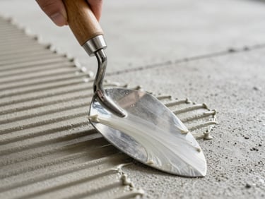 Macro shot of a metal mortar trowel spreading thinset adhesive in perfect, straight parallel ridges on a concrete floor, bright daylight, technical precision