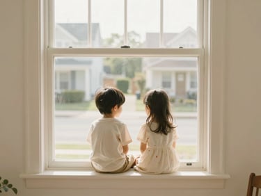 Sunlit window view of a quiet family neighborhood, warm atmosphere, soft focus
