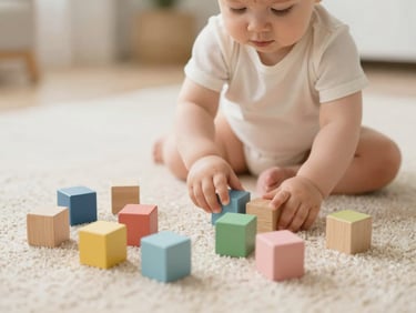Toddler playing with colorful wooden blocks on a cream carpet, natural light, shallow depth of field