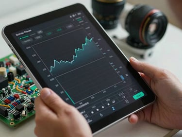 Close-up of hands holding a digital diagnostic tablet showing technical graphs next to an appliance circuit board