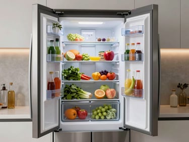 A modern double-door refrigerator open in a clean kitchen, showing fresh organized food, bright interior lighting