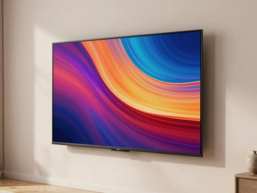 A sleek modern smart TV screen displaying vibrant colors mounted on a clean living room wall, soft ambient light