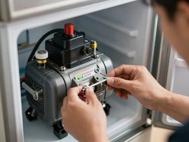Close-up of a technician's hands installing a brand new authentic compressor inside a refrigerator, bright domestic setting