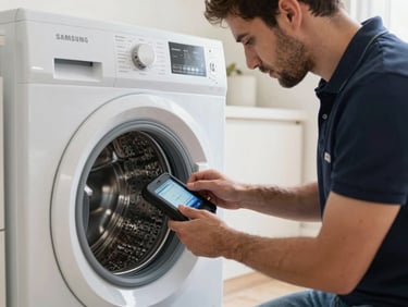 Close-up of a professional technician in a branded navy polo shirt carefully testing a Samsung washing machine drum with digital tools in a bright Egyptian home.