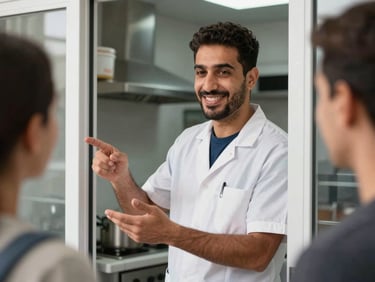 A friendly Egyptian technician in a clean uniform explaining something politely to a customer at the kitchen door