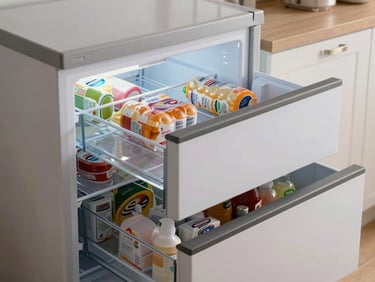 A vertical deep freezer with open drawers displaying frozen items, clean domestic utility setting