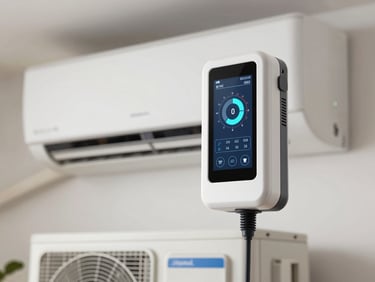 A digital diagnostic tool showing measurements connected to a home air conditioning unit, clean modern indoor setting