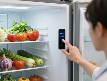 A clean, modern refrigerator door showing fresh vegetables inside, with a professional technician's hand adjusting the digital temperature control panel, bright domestic lighting.
