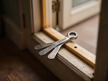 Close-up overhead of a locksmith pick set and tension wrench resting on a worn apartment door threshold, amber tungsten light from corridor, shallow depth of field, dark background