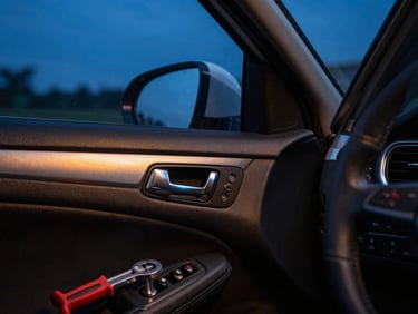 Car door frame detail at night, interior light casting a warm glow on the door lock cylinder, pre-dawn blue outside the window, no driver visible, tools in foreground blurred