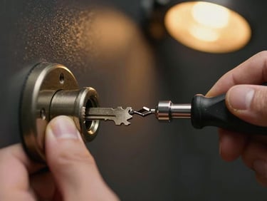 Extreme close-up of a broken key fragment lodged inside a lock cylinder, hands gripping extraction tools, amber streetlight from upper right, dark blurred background